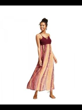 Xhilaration Burgundy and Peach Striped Crochet Maxi Dress Sz Xl Coverup?